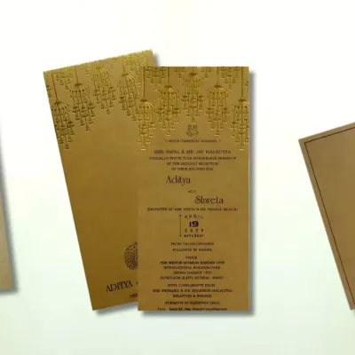 This eco-friendly card is crafted with care and commitment to sustainability. The design features a beautiful gold foil chandelier on recycled paper.