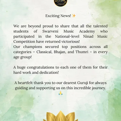 I am incredibly proud to share that all my students who participated in the National-level Ninad Music Competition returned victorious, securing top positions in Classical, Bhajan, and Thumri categories. This is a result of their sincere hard work.