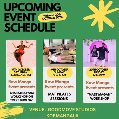 Our upcoming event schedule is packed with variety. This weekend features a Bharatnatyam workshop, Mat Pilates sessions, and a Bollywood workshop on "Mast Magan".