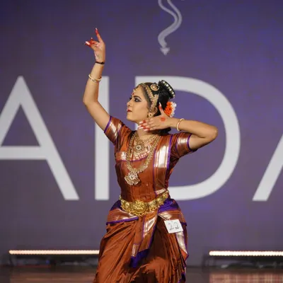 A senior student in a graceful Aramandi pose during the All India Dance Competition. Her performance won her the 1st prize in the senior category.