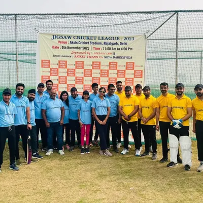 The two teams, Aniket Titans and Sid's Daredevils, facing off at the Jigsaw Cricket League 2023. A day of friendly competition for our law firm.