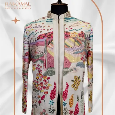 A full view of the artistic open Jodhpuri jacket. The whimsical landscape embroidery is spread across the entire garment, making it a true collector's piece for any special occasion.