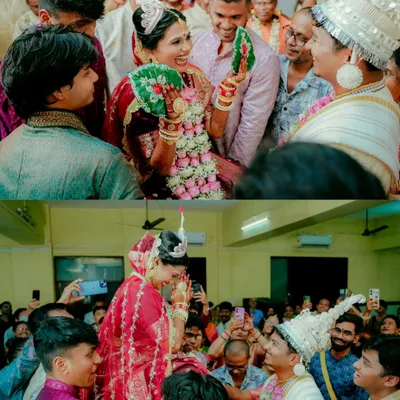 The vibrant and joyful 'Shubho Drishti' and 'Mala Bodol' ceremonies. This collage captures the laughter and excitement as the bride and groom see each other for the first time.