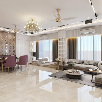 A 3D render of a large living and dining area in Borivali, designed for open-concept living. The space includes a custom jali partition for the dining booth, an indoor swing, and a large L-shaped sofa, all unified by marble flooring and elegant lighting.