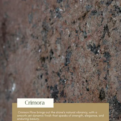 A close-up of our 'Crimora' texture. This Crimson Flow stone has a smooth yet dynamic finish that brings out the material's natural vibrancy, speaking of strength and enduring beauty.