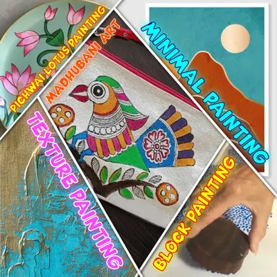 A collage showcasing the diverse art forms we teach, including Pichwai lotus painting, Madhubani art, texture painting, block printing, and minimal painting. Our workshops are a journey through different artistic styles and techniques.