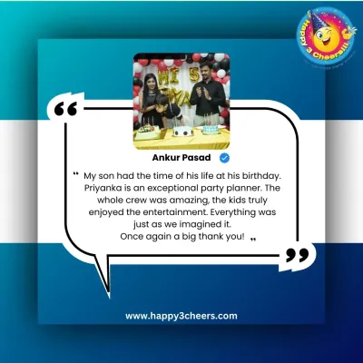 A testimonial from Ankur Prasad, who highlights how his son had the time of his life. He calls me an exceptional party planner and notes that the entire crew was amazing and kept the kids entertained.