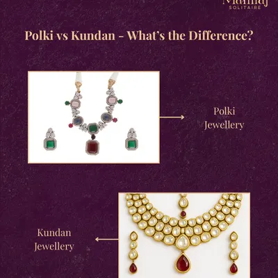 At a glance, Polki and Kundan jewellery can look similar, but they are fundamentally different. This visual guide shows a Polki set with uncut diamonds and a Kundan set with glass or gemstones.