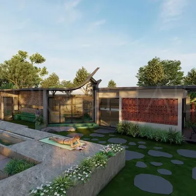 A concept for a villa where the central pool serves as a stunning transitional element, seamlessly connecting the main residence with an administrative block. The design clubs activities together to offer a diverse range of experiences.