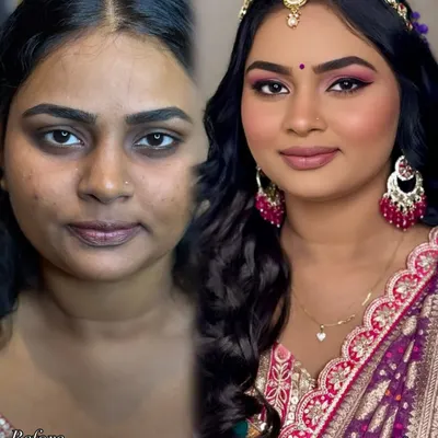 A beautiful transformation focusing on evening out skin tone and creating a radiant base. The final look features bold, defined eyes and a soft nude lip, perfect for a reception or sangeet.
