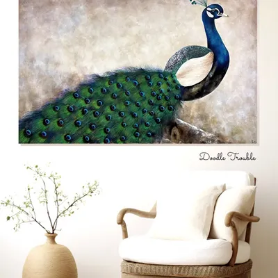 This large peacock painting is shown in a minimalist setting to highlight its elegance and detail. The earthy background and vibrant feathers create a piece of wall art that is both calming and captivating.