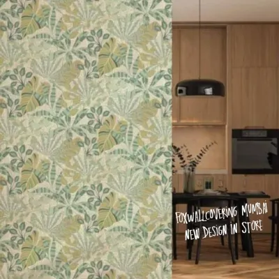 A light and airy tropical leaf pattern wallpaper shown in a kitchen and dining area. This repeating design brings a fresh, botanical feel to the space.