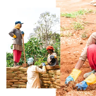 Our team of women masons working together to build an earthbag wall. This image captures the collaboration and skill-building that is central to our training programs for women in construction.