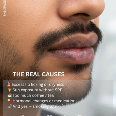 This image identifies the real causes of lip pigmentation, which include excess lip licking, sun exposure without SPF, caffeine, and hormonal changes, in addition to smoking.