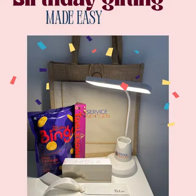 Birthday gifting made easy and fun. This hamper includes a branded tote bag, a desk lamp, and snacks, turning a corporate birthday into a genuine celebration.