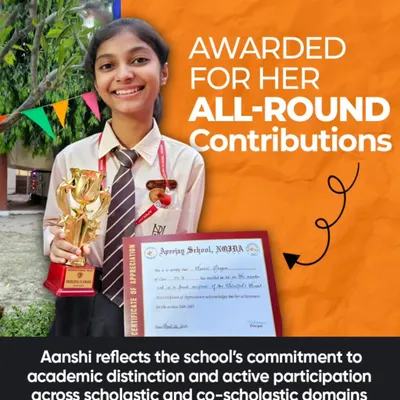 We celebrate all-around excellence with pride. Aanshi is honored for her outstanding academic achievements and active participation in both scholastic and co-scholastic domains, reflecting our commitment to holistic development.