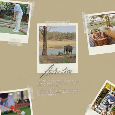 This collage captures the essence of what we offer: thrilling outdoor adventures, fun indoor games, serene nature, and beautiful spaces to relax and connect.