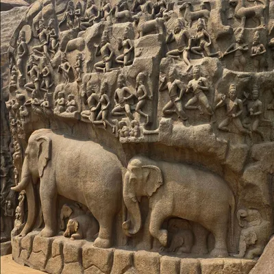 The incredible 'Descent of the Ganges' rock carving in Mahabalipuram. This giant bas-relief is filled with detailed figures of gods, humans, and animals.