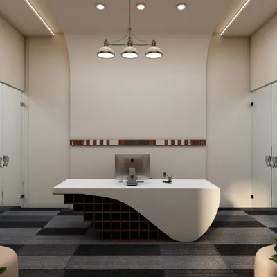 A stunning 3D render of a reception desk with a unique, sculptural form. The combination of the white curved surface and the wooden base with built-in storage makes it a functional piece of art.