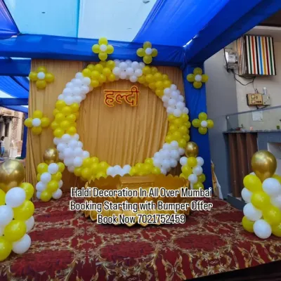 I create bright and beautiful backdrops for Haldi ceremonies. This setup features a full balloon ring in the traditional Haldi colors of yellow and white, with a custom "हल्दी" sign to make your photos perfect.