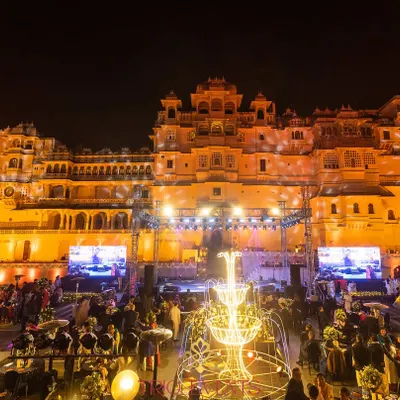 The City Palace in Udaipur provides a breathtaking canvas. Here, I used architectural lighting to accentuate the palace's facade, creating a majestic backdrop for a Sangeet night that feels both grand and intimate.