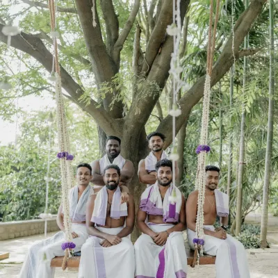 This is our core team of dedicated Chenda Melam artists. Pictured here during a break at a wedding event, we pride ourselves on our professionalism and unity, which is the secret to our powerful, in-sync performances.