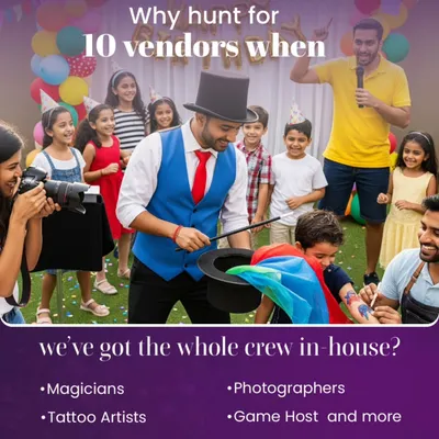 We are your one-stop shop for party fun. This graphic highlights some of the amazing entertainment we provide, including magicians, photographers, tattoo artists, and game hosts to make your party a hit.