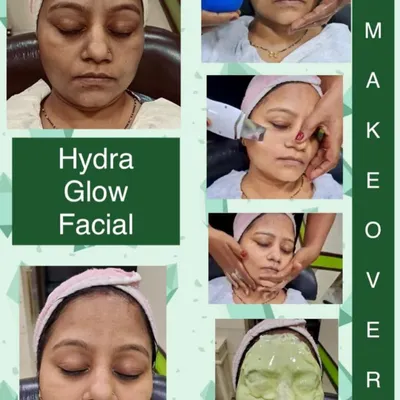 This collage shows the incredible transformation possible with my Hydra Glow Facial. You can see the entire process, from the initial consultation to the final radiant result, including deep cleansing with a suction tool, a relaxing massage, and a nourishing mask for instantly brighter, even-toned skin.