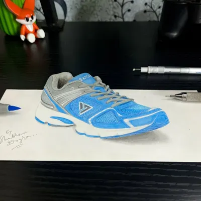 A 3D drawing of a sports shoe that looks like it's sitting on the paper. This was a fun experiment with perspective and shading to create an optical illusion.