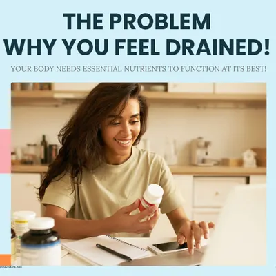 Feeling drained is often a sign that your body needs essential nutrients. This graphic explains the problem of nutrient deficiency and how it can affect your energy and skin.