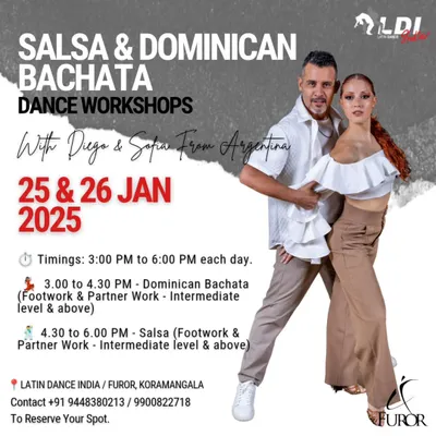 We're proud to host world renowned dancers like Diego and Sofia from Argentina. This poster announces their exclusive Salsa and Dominican Bachata workshops, a chance for our community to learn from two time World Salsa Summit champions.