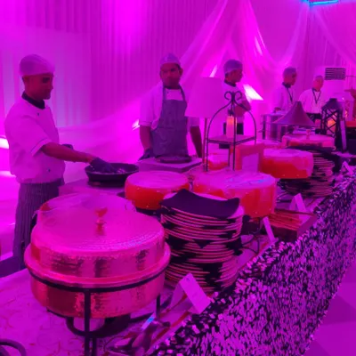 A wide shot of our extensive buffet line at the Zee Cine Awards 2023. The dramatic lighting and elegant draping created a spectacular ambiance for the VIPs, artists, and sponsors in attendance.