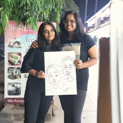 A fun caricature for two friends enjoying a Sunday outing. It's a great way to capture a memory together.