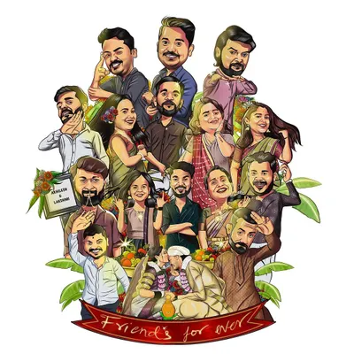 This large group caricature is a celebration of lifelong friendship. I carefully drew each of the 18 friends from separate photos and composed them into a single, joyful scene to create a memorable gift.