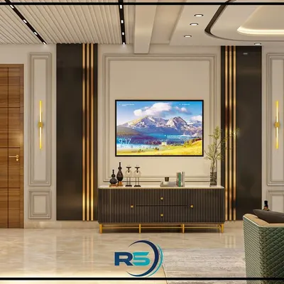 This 3D design for a living room shows a sophisticated entertainment area. The TV is mounted on a paneled wall flanked by elegant wooden doors, with a sleek, modern console below. The design balances classic molding with contemporary furniture.