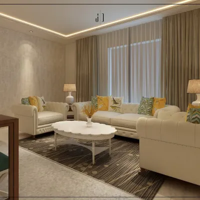 A 3D render of an elegant living room with a neutral color palette and warm undertones. This visualization helps clients see how lighting, furniture, and textures will come together to create a tranquil and sophisticated ambiance.
