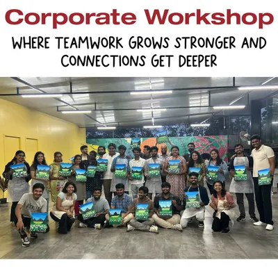 A fantastic group from a recent corporate workshop, all smiles with their finished landscape paintings. This is team building at its most colorful and fun!