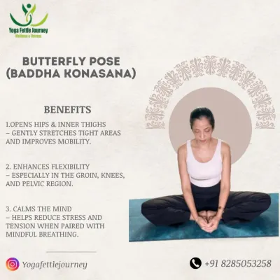 The Butterfly Pose, or Baddha Konasana, is a great pose for beginners to open the hips and calm the mind. This graphic explains its key benefits.