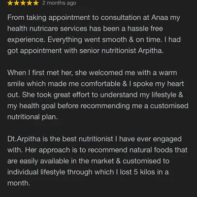 This review highlights my holistic and natural approach. The client lost 5 kilos in a month by following a customized plan of easily available foods, which improved his overall well-being.