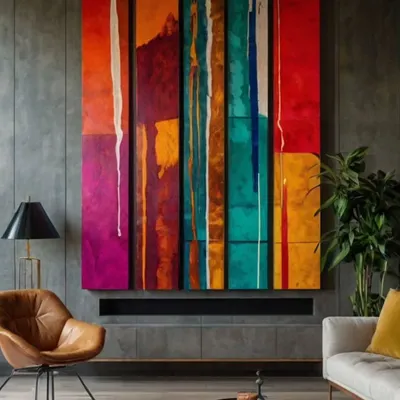 This large, vibrant abstract piece uses bold vertical strokes of color to create a sense of energy and movement. It's a perfect statement artwork for a modern living room or a corporate space that wants to inspire creativity.