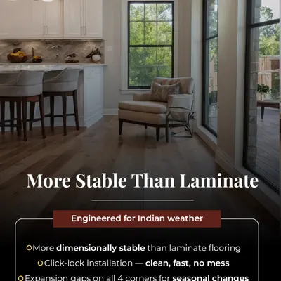 Our engineered wood flooring is specifically designed to handle Indian weather conditions. Unlike other options, it is dimensionally stable, meaning it expands and contracts less with seasonal changes. We install it with a clean, click-lock system and leave proper expansion gaps on all four corners for a floor that lasts.