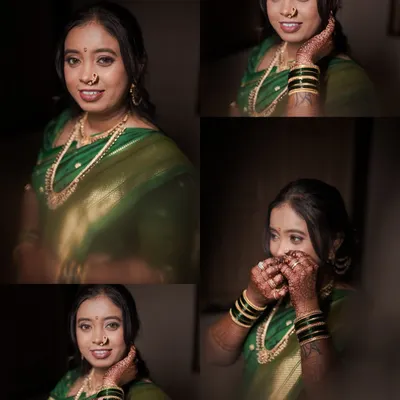 A collage of the bride in her beautiful green saree, a staple of Maharashtrian ceremonies. I capture her expressions, her traditional jewelry, and the intricate details of her look.