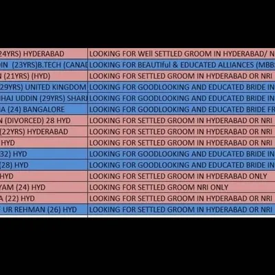 This is a sample list of candidates, showing details like age, location, and what they are looking for. You can see profiles for B.Tech graduates, those seeking NRI matches, and divorced individuals looking for a second chance.
