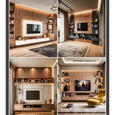 This collage presents four distinct modern TV unit designs we have conceptualized. It shows our range, from geometric wood patterns and fluted panels to minimalist setups with integrated lighting.