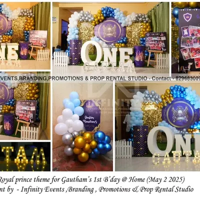 A magnificent Royal Prince theme for Gautam's first birthday at home. The centerpiece is a gold sequin mirrored backdrop, complemented by a balloon semi-arch and a custom royal crest, proving you can have a grand celebration anywhere.