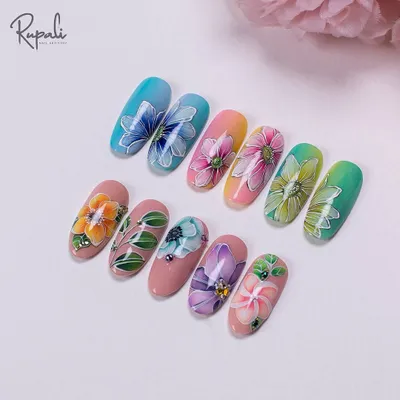A beautiful collection of my gel-painted floral designs. Each nail showcases a different flower, color palette, and technique, from transparent petals to bold, opaque leaves.