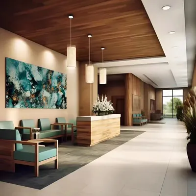 This reception area was designed to be warm and welcoming, using natural wood tones for the desk and ceiling, complemented by soft, comfortable seating. The large abstract artwork adds a point of interest, making a professional and lasting first impression.