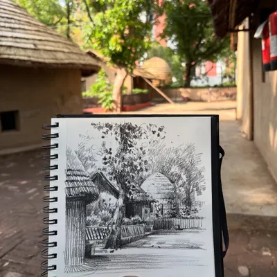 A live pencil sketch I did at the Craft Museum in Delhi. I love drawing on location to capture the unique atmosphere of a place, including its architecture and natural surroundings.