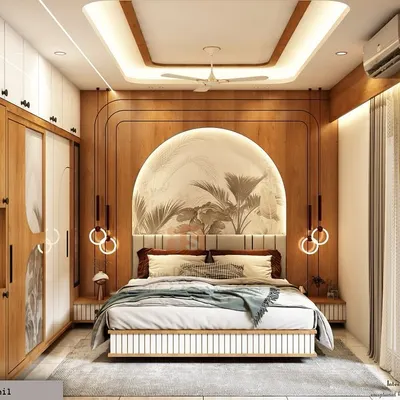 A 3D render of a master bedroom concept, featuring a beautiful arched headboard with custom wallpaper, warm wood paneling, and modern hanging lights. This visualization helps finalize every detail before execution.