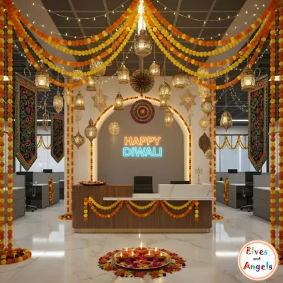I believe in creating immersive experiences, and this Diwali office transformation is a perfect example. The reception area was turned into a festive wonderland with traditional marigold garlands, intricate hanging lanterns, and a modern "Happy Diwali" neon sign, setting a warm and welcoming tone for employees and visitors.